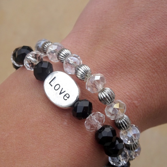 Set of 2 Clear & Black Beaded Love Bracelets - Picture 7 of 8